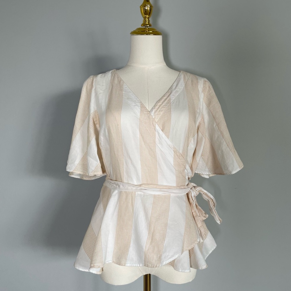 LOFT Striped Wrap Blouse - White and Gold